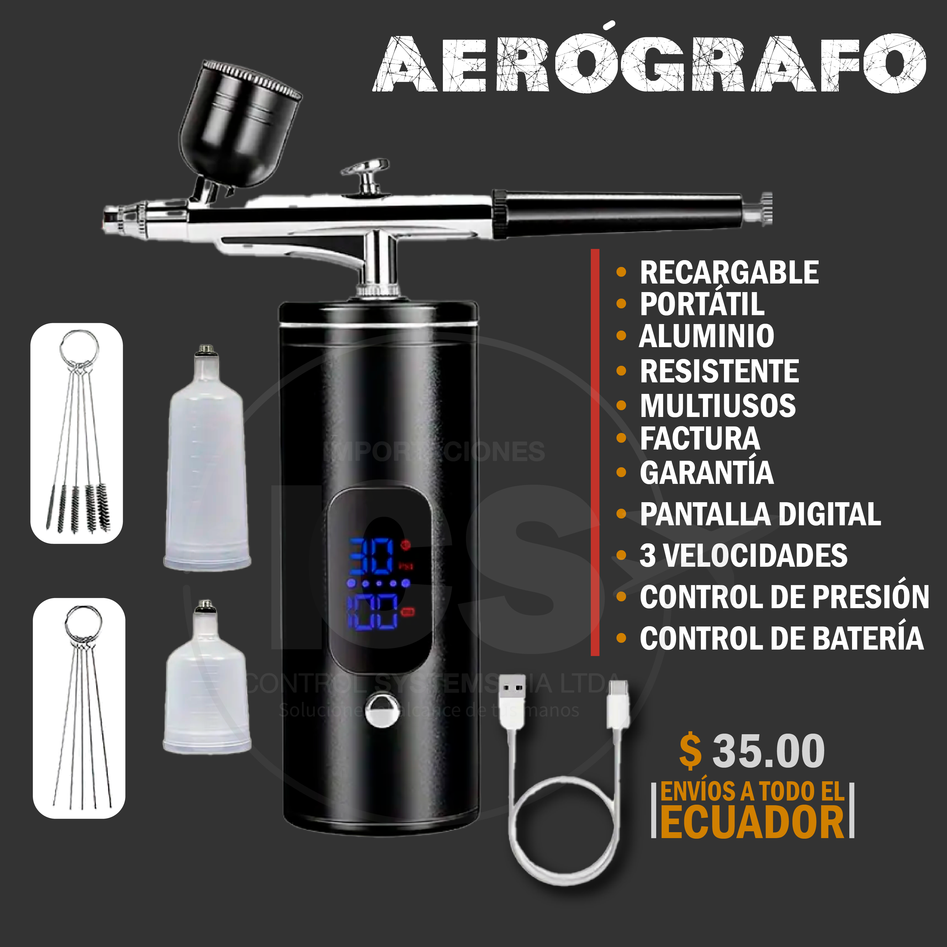 KIT DE AEROGRAFO PORTATIL NEGRO CON CONTROL DE PRESION AJUSTABLE 3 CONFIGURACIONES DE VELOCIDAD Y PANTALLA DIGITAL